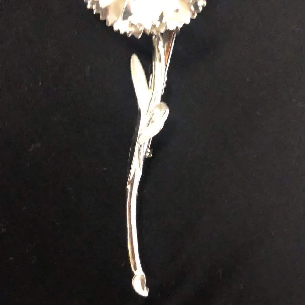Vintage Silver Tone with Matte Color Three Rhinestones Carnation Brooch
